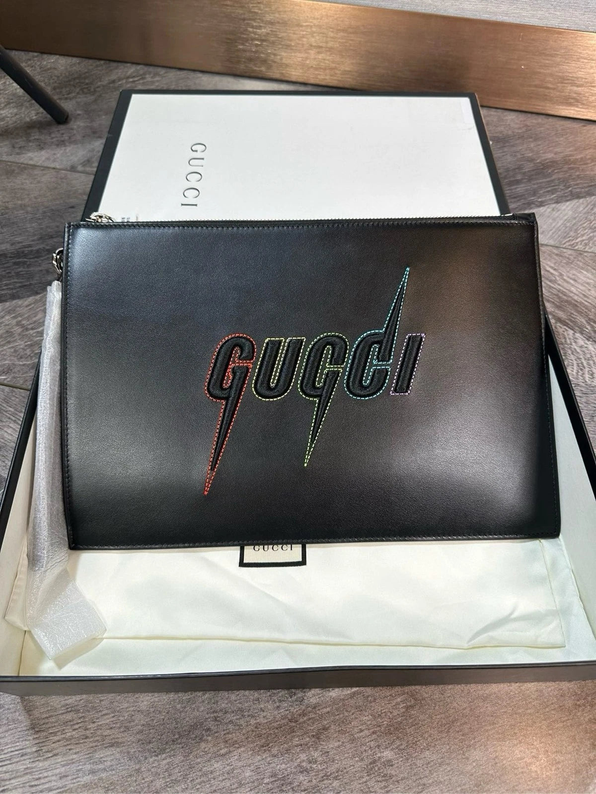 GUCCI Colorful Logo Embroidered Full Leather Clutch Bag Women
