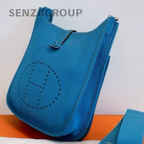 HERMES Evelyne Epsom Leather Shoulder Bag Crossbody Blue Silver Used Women