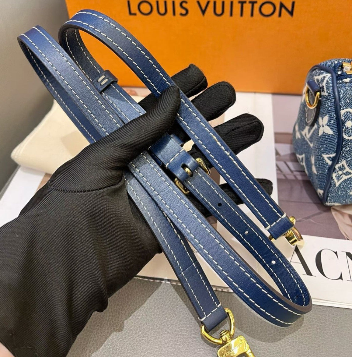 Louis Vuitton Denim Speedy Nano Monogram Top Handle Bag Crossbody Blue  Women