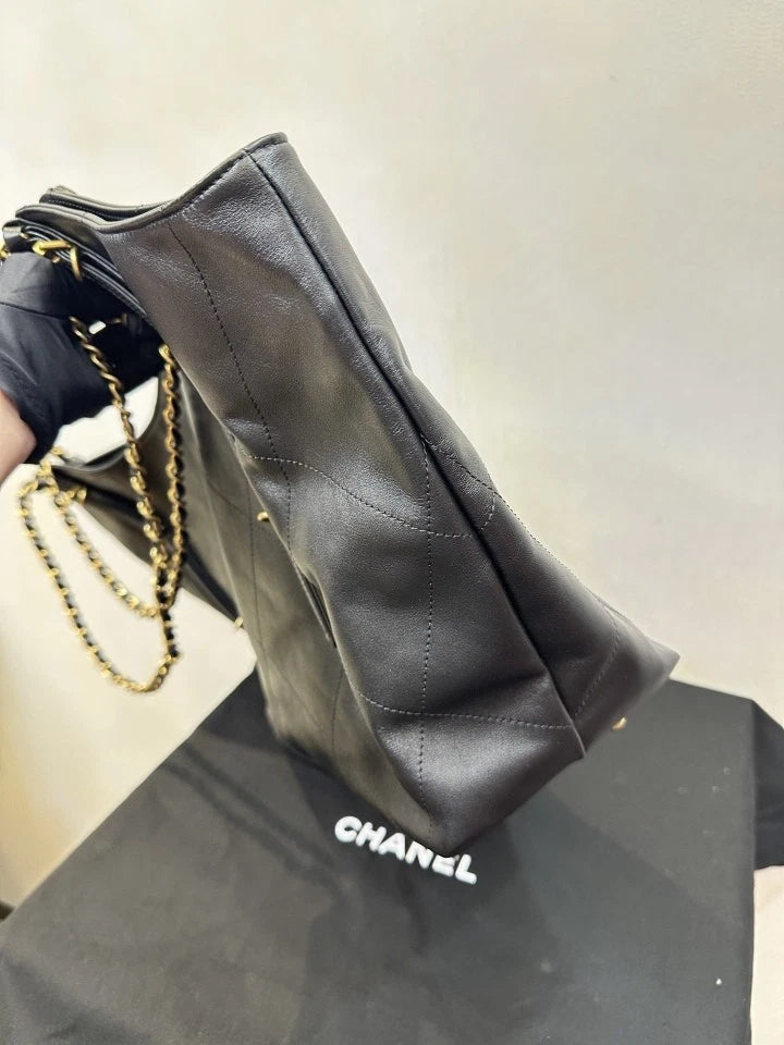 CHANEL 25s Maxi Tote Shopping Bag Black Gold Soft Calfskin Women