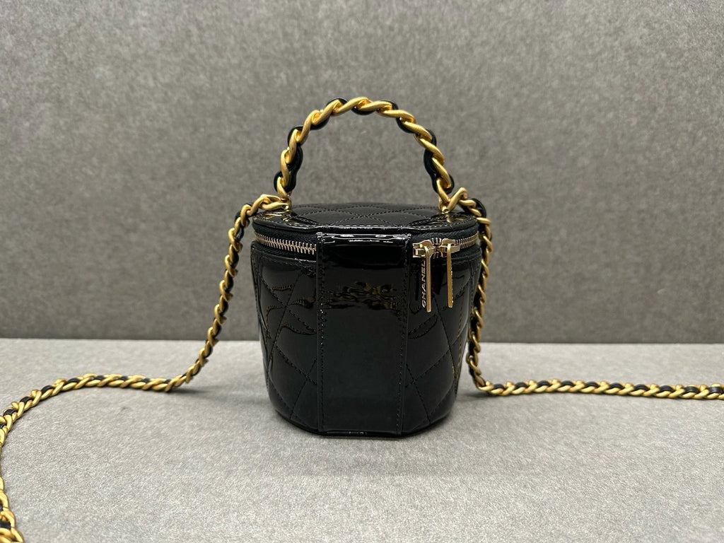 Chanel Black Patent Leather Mini Bucket Cosmetic Bag For Women
