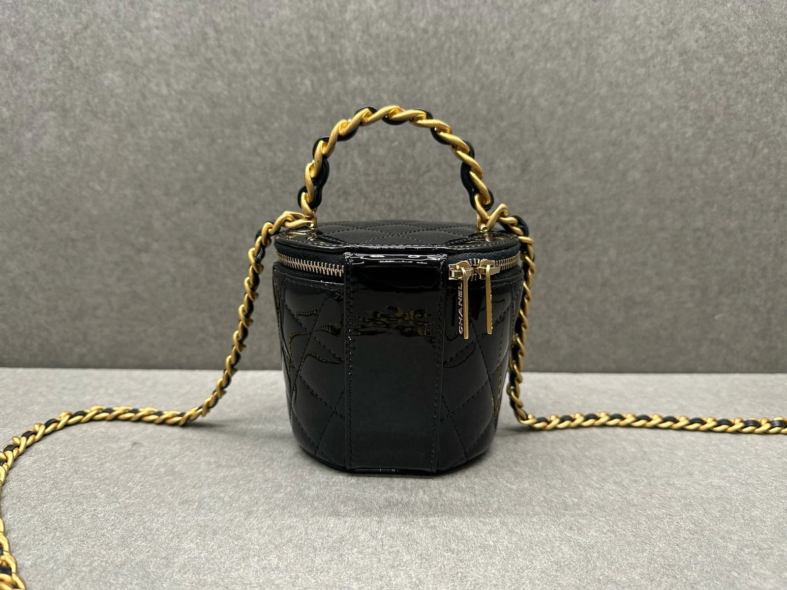 Chanel Black Patent Leather Mini Bucket Cosmetic Bag For Women