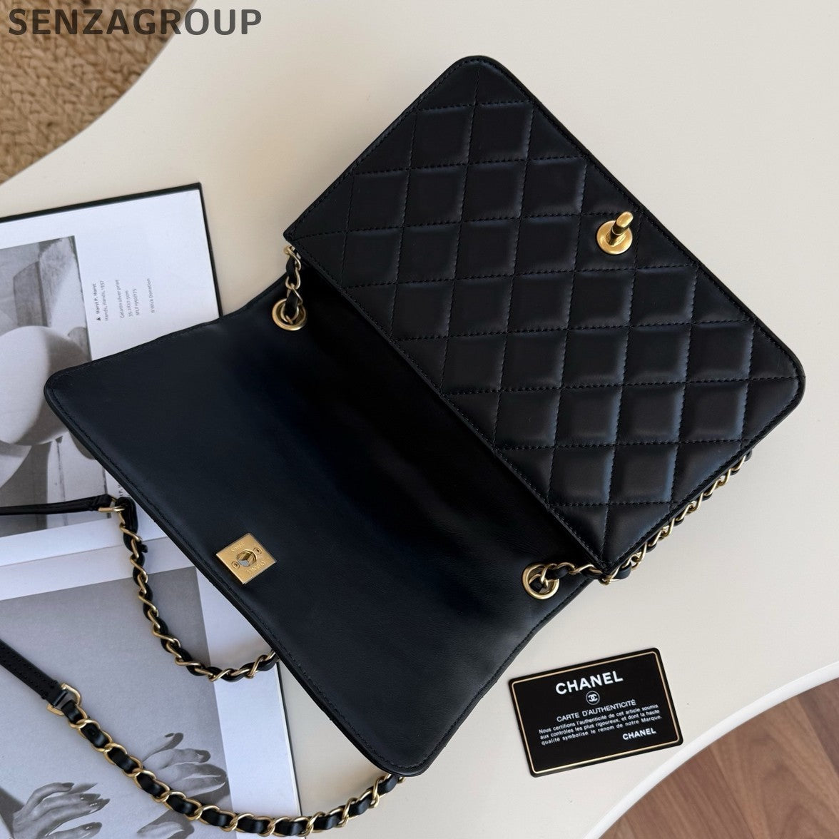 Chanel WOC Chain Shoulder Crossbody Black Gold Diamond Women Classic