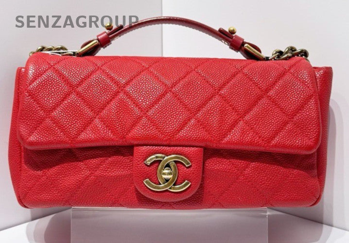 Chanel Classic Flap Calfskin Top Handle Shoulder Bag Red Gold Women Vintage