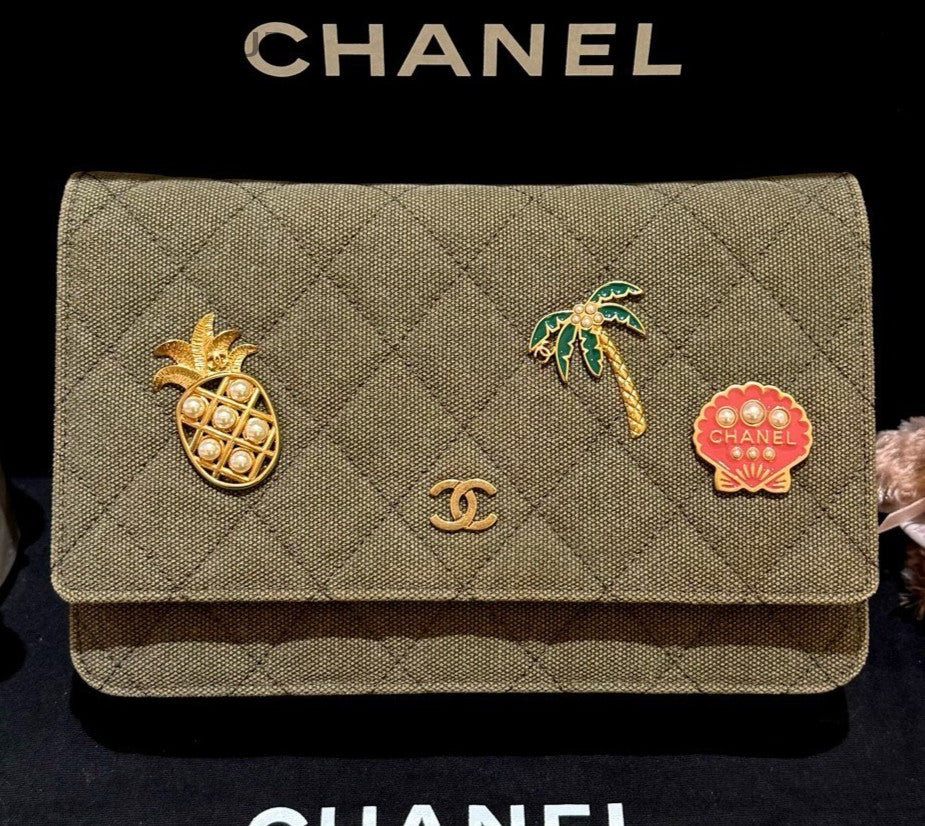 Chanel Cuba WOC Canvas Chain Shoulder Bag Crossbody Green Gold Women Classic