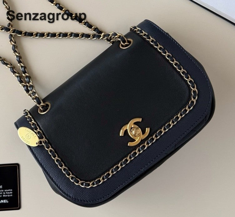 Chanel Around Flap Chain Shoulder Bag Black Gold Used Women Classic Designer