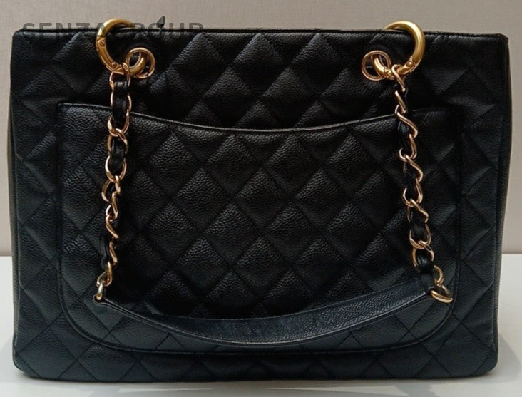 Chanel GST MM Chain Shoulder Bag Black Gold Used Women Classic Diamond