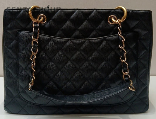 Chanel GST MM Chain Shoulder Bag Black Gold Used Women Classic Diamond