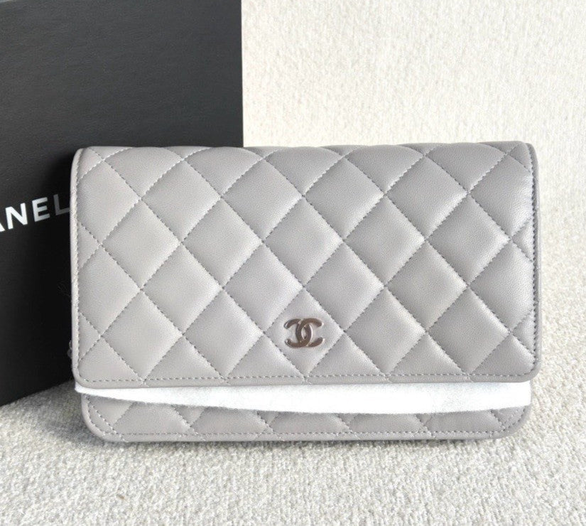 Chanel WOC Lambskin Chain Shoulder Bag Crossbody Gray Silver Women Classic