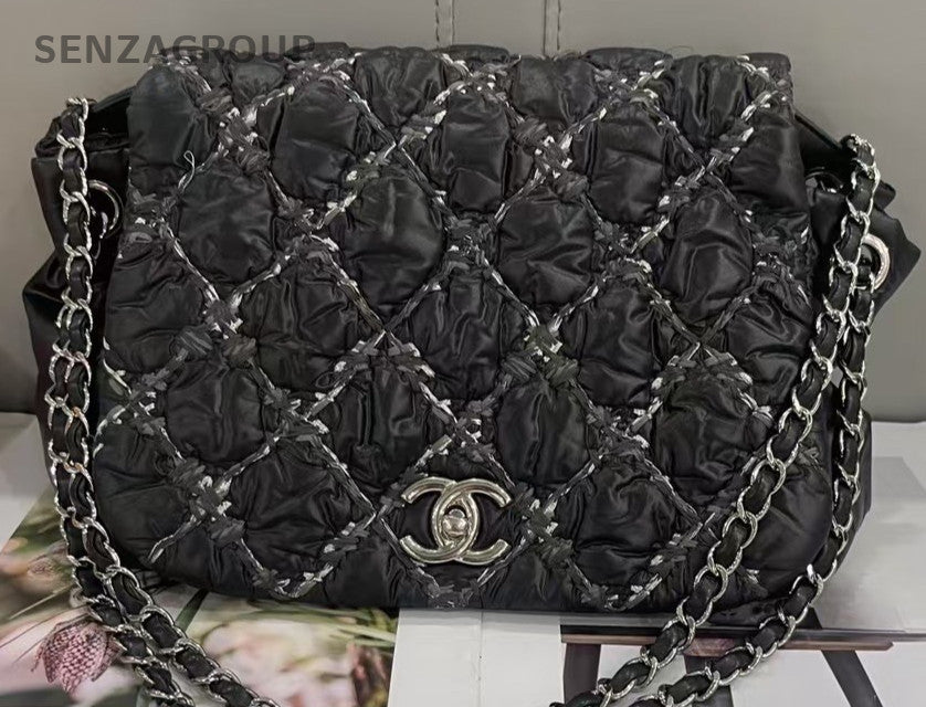 Chanel Diamond Pattern Chain Shoulder Bag Crossbody Black Silver Women Classic