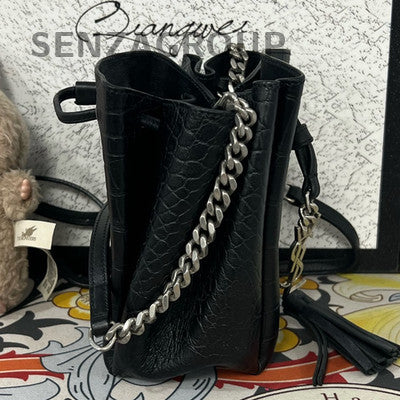YSL Saint Laurent Black Silver Fringe Drawstring Bucket Bag Chain Crossbody
