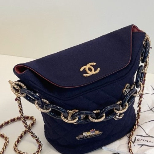 Chanel Bucket Chain Shoulder Bag Crossbody Blue Gold Women Classic Designer