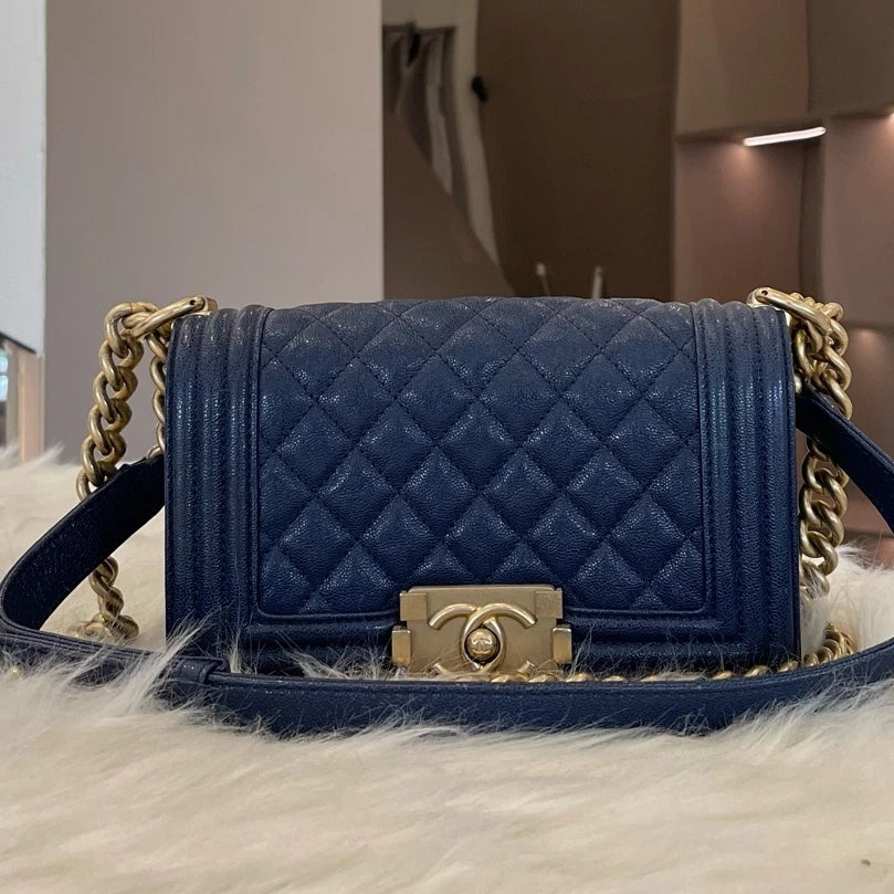 Chanel Le Boy Small Blue Gold Chain Shoulder Crossbody Bag Classic