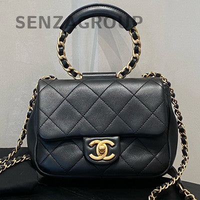 Chanel Black Lambskin Gold Hardware Circle Handle Chain Crossbody Bag