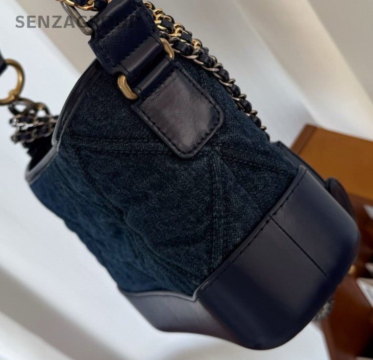 Chanel Gabrielle PM Chain Shoulder Bag Blue Gold Women Classic Fashion Diamond