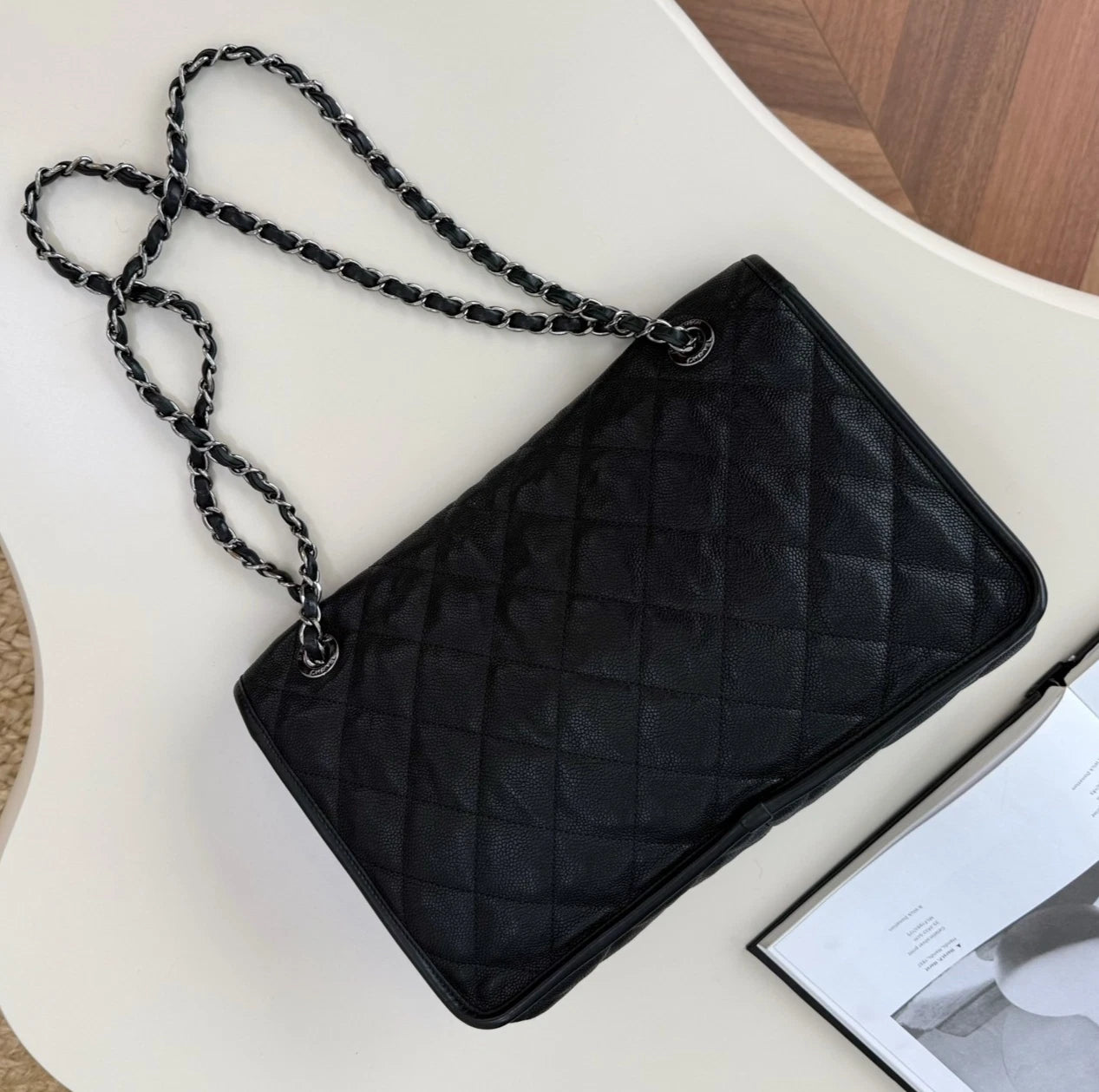 Chanel Classic Flap Chain Shoulder Crossbody Black Silver Women Diamond Fashion