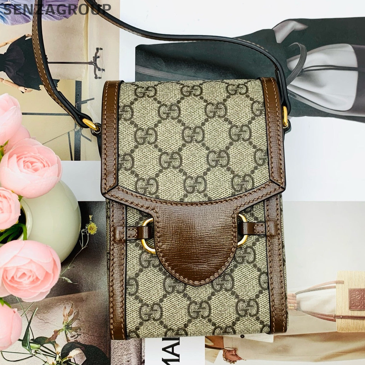 Gucci GG Supreme Brown Vertical Phone Bag Crossbody For Women