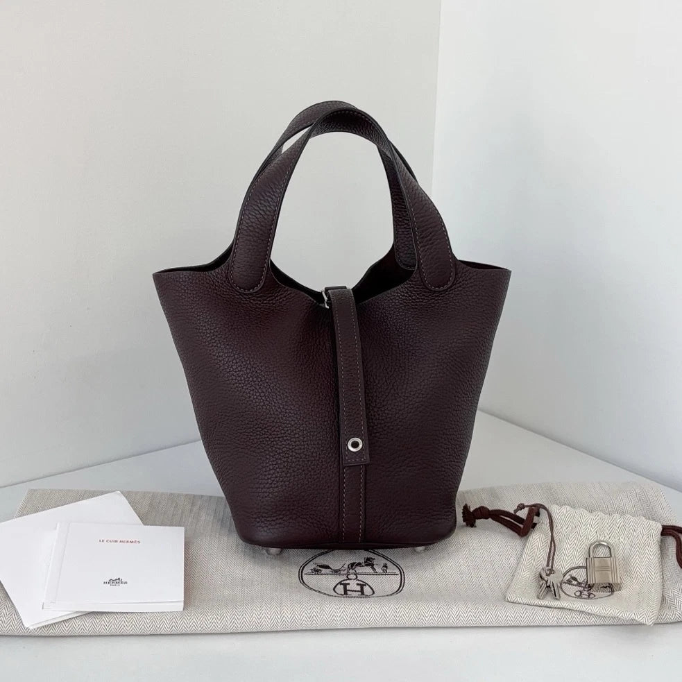 Excellent Condition Hermes Picotin18 Chocolate Brown Tote Handbag Silver