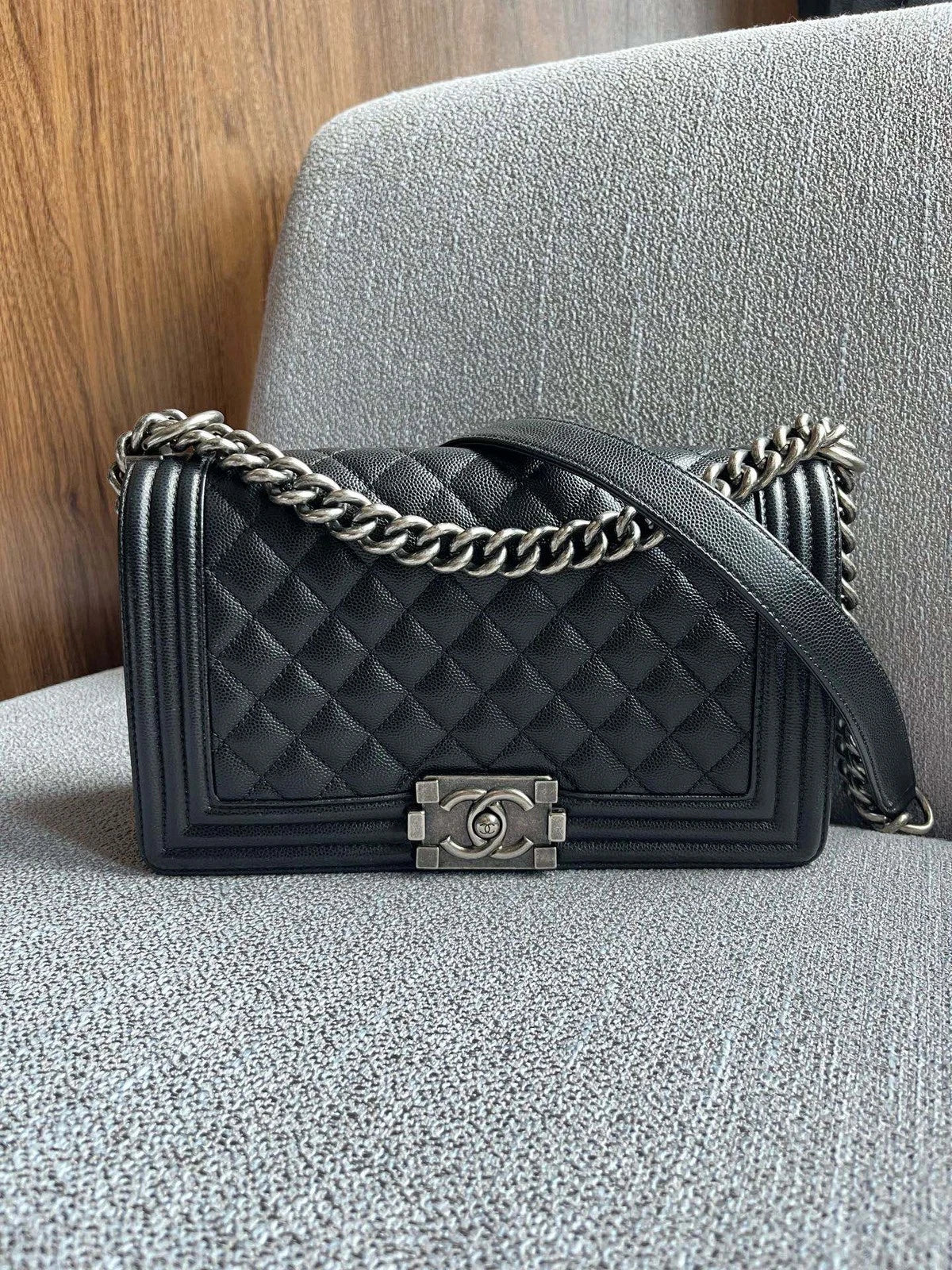 Chanel Le Boy Medium Crossbody Shoulder Bag Black Caviar Leather