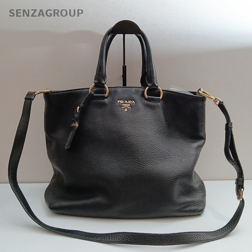 Prada Calfskin 2Way Handbag Crossbody Black Gold Used Women Classic Fashion