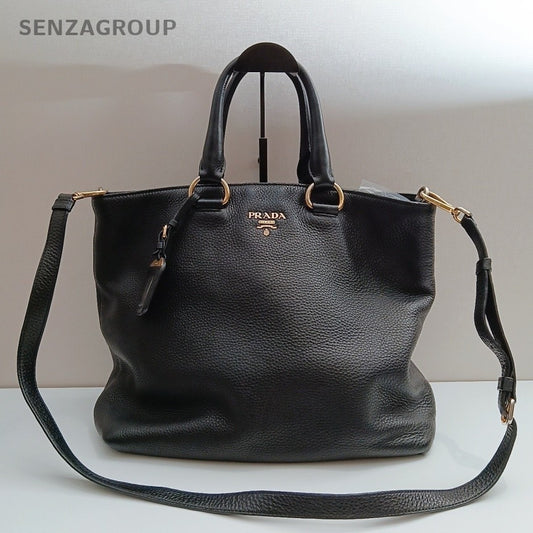 Prada Calfskin 2Way Handbag Crossbody Black Gold Used Women Classic Fashion