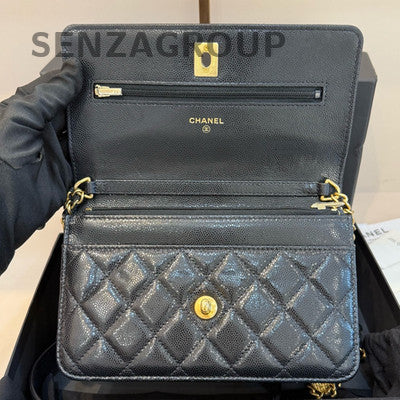 Chanel WOC Quilted Black Gold Chain Shoulder Crossbody Bag Classic Women
