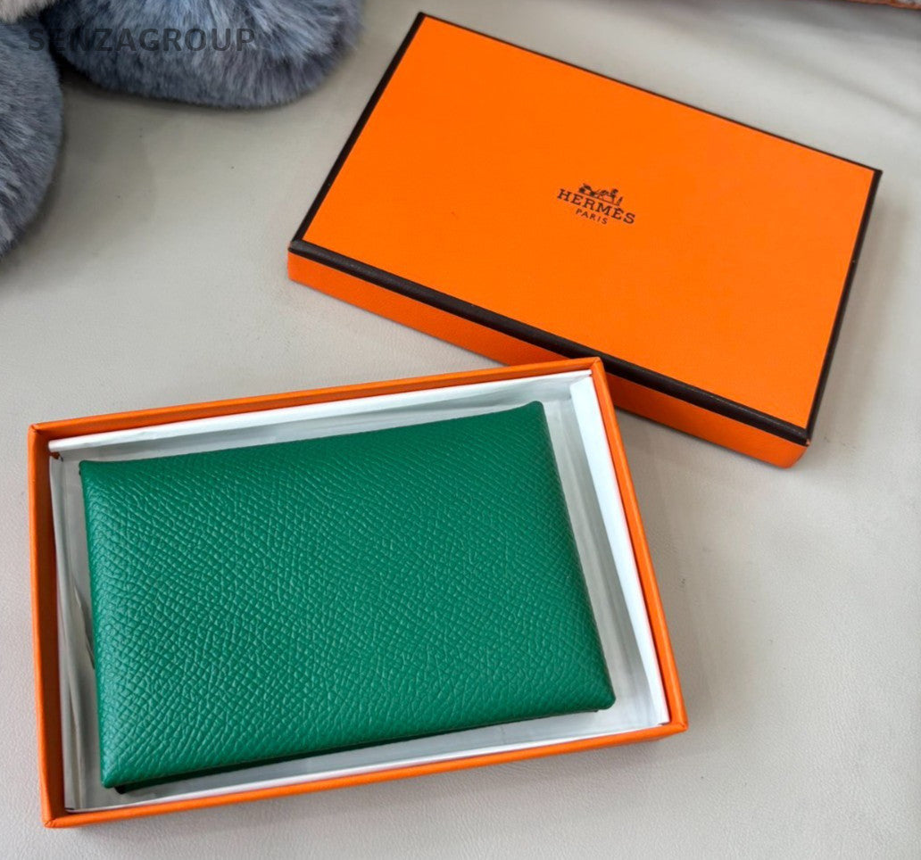 Hermes Calvi Card Case Green Epsom Leather Purse