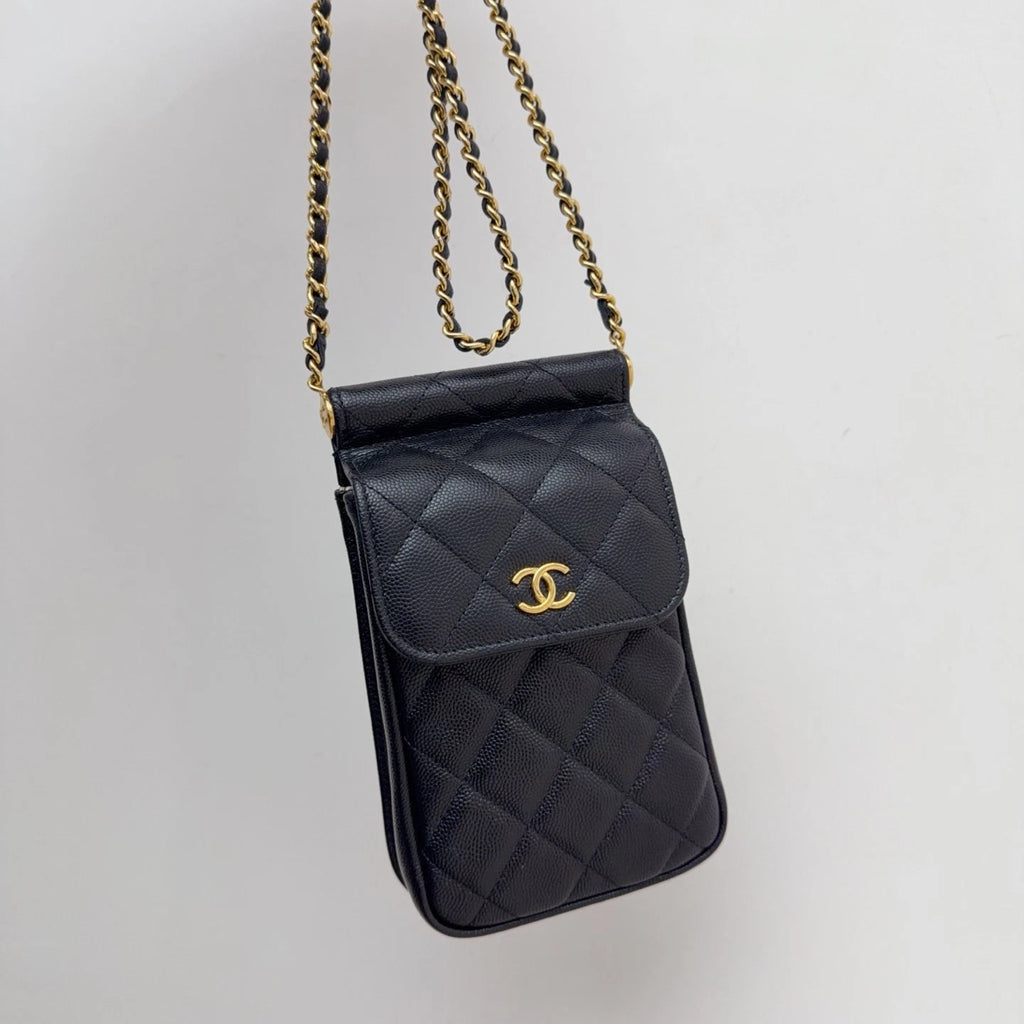 Chanel Caviar Leather Phone Case Crossbody Bag Card Holder Black Classic