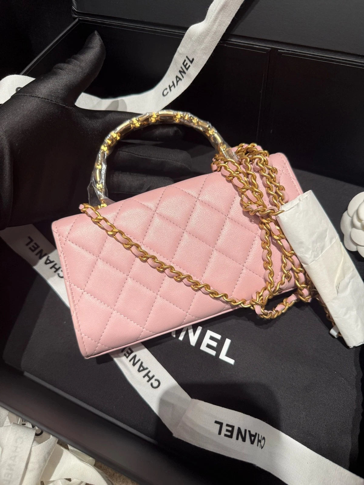 CHANEL Leather Pink Enamel Handle Large Kelly Bag For Women