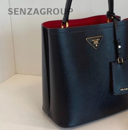 Prada Panier Saffiano Calfskin MM Top Handle Bag Crossbody Black Red Gold Women