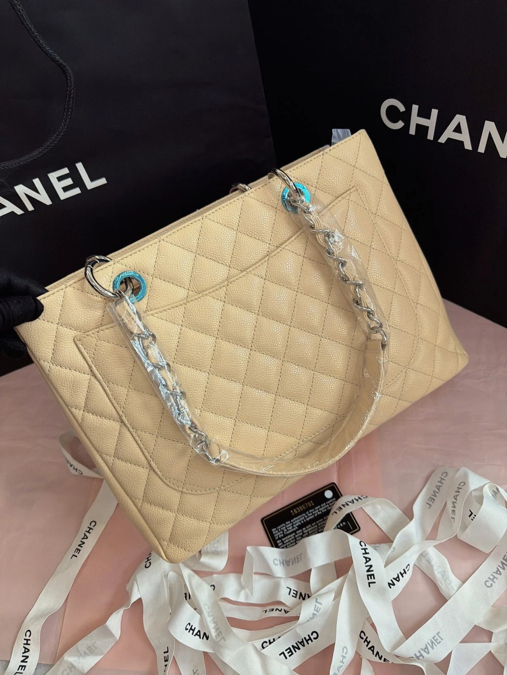 Chanel GST Diamond Chain Shoulder Bag Beige Silver Used Women Classic