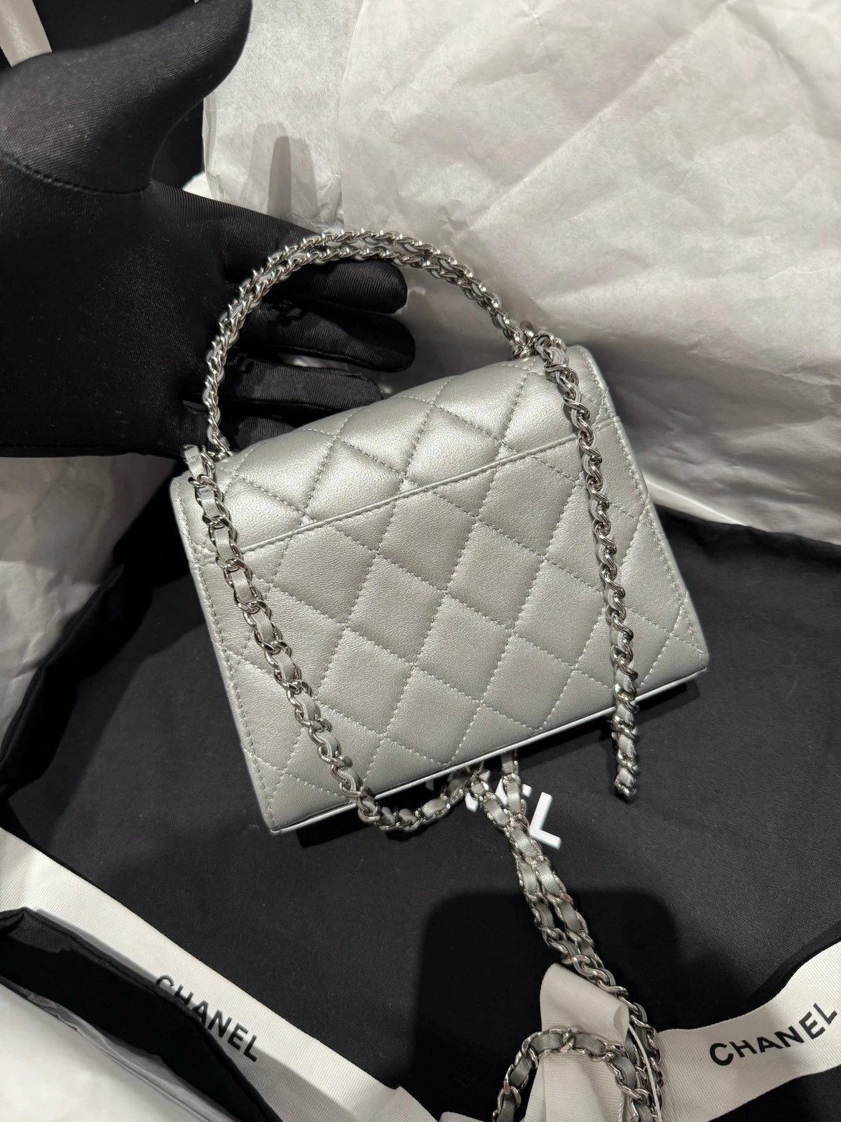 New Chanel Kelly Silver Lambskin Chain Top Handle Bag For Women
