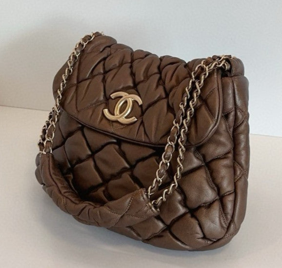 Chanel Diamond Chain Shoulder Bag Brown Gold Used Women Classic