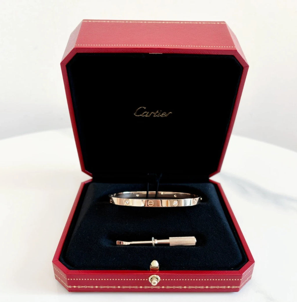 Excellent Cartier Love Medium Bangle Bracelet 4 Diamonds 18K Rose Gold Size19