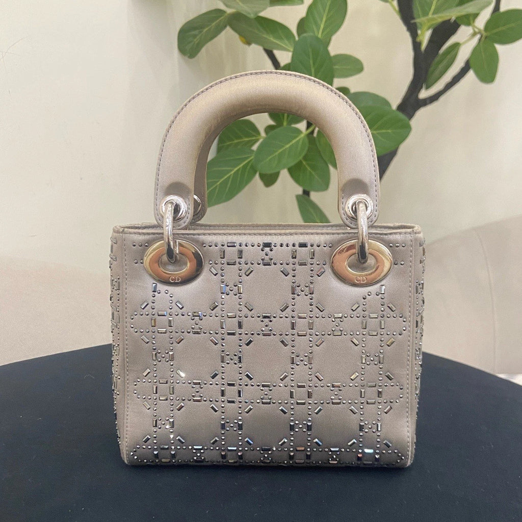 Christian Dior Lady Dior 2Way Top Handle Crossbody Gray Silver Women Classic