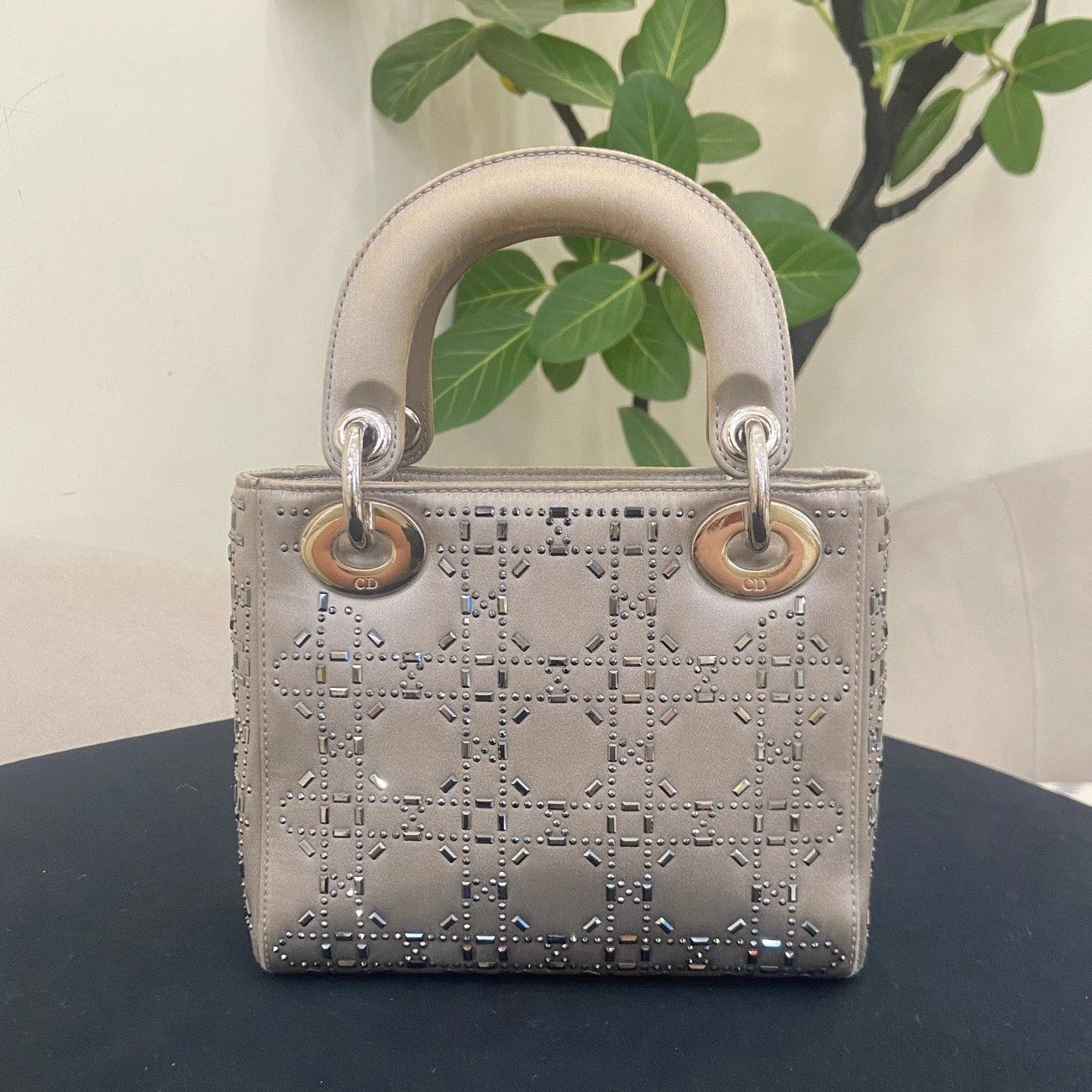 Christian Dior Lady Dior 2Way Top Handle Crossbody Gray Silver Women Classic