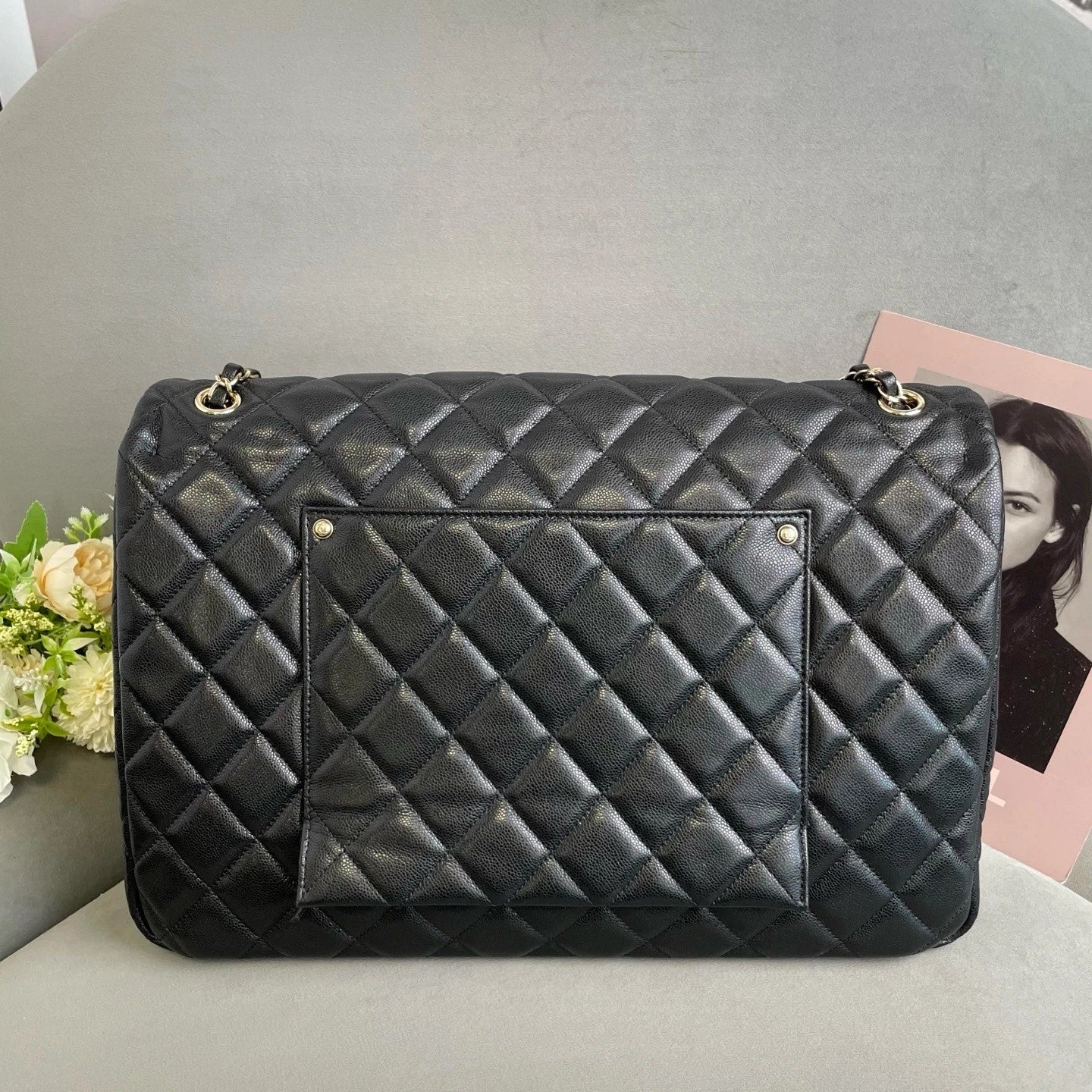 CHANEL Maxi Airport Tote Bag Black Gold Leather For Women