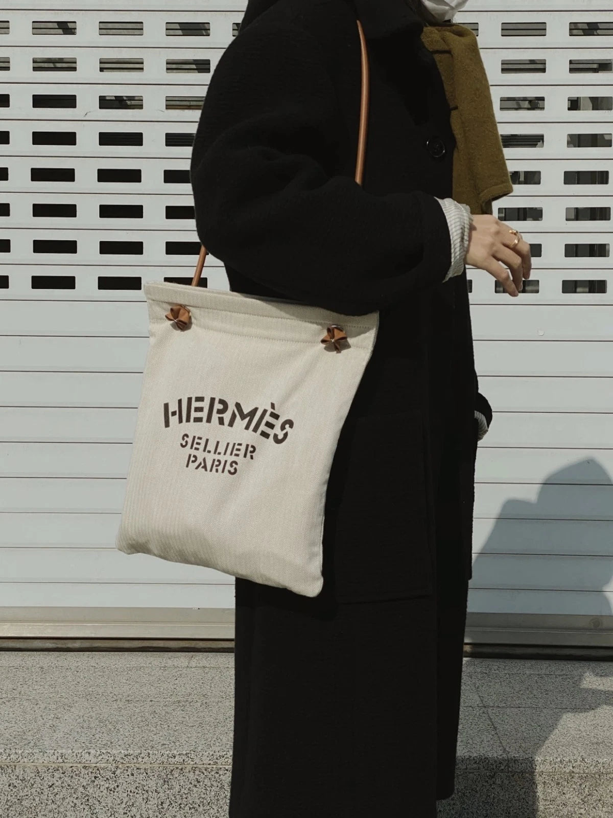 Hermes Aline Canvas Shoulder Bag White Brown Women Fashion