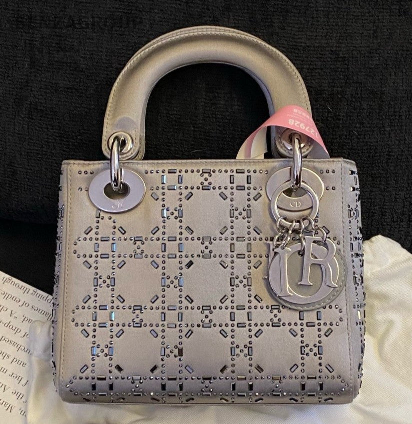 Christian Dior Lady Dior 2Way Gray Silver Top Handle Bag Crossbody Women Classic