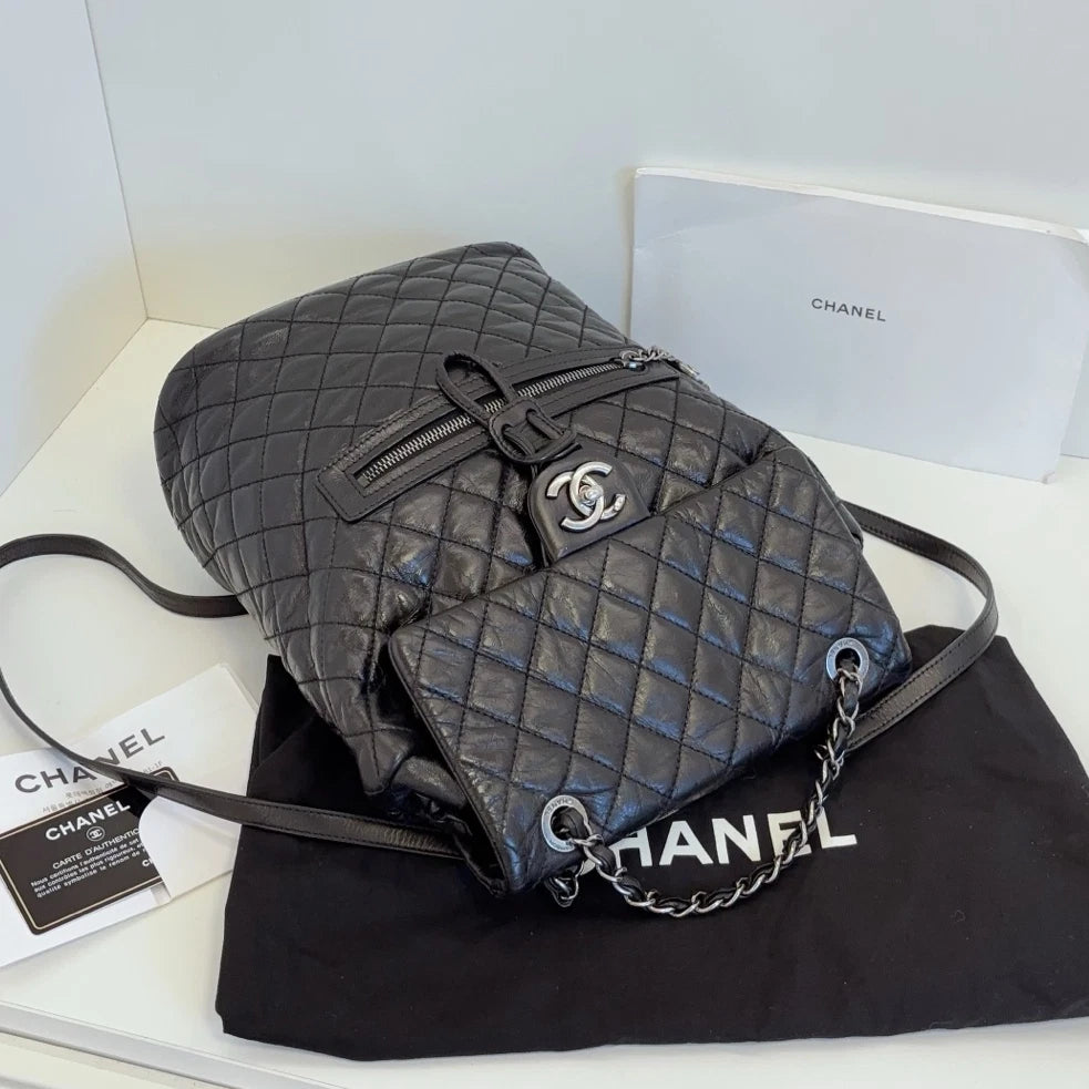 Chanel Calfskin MM Backpack Black Silver Used Women Diamond Classic