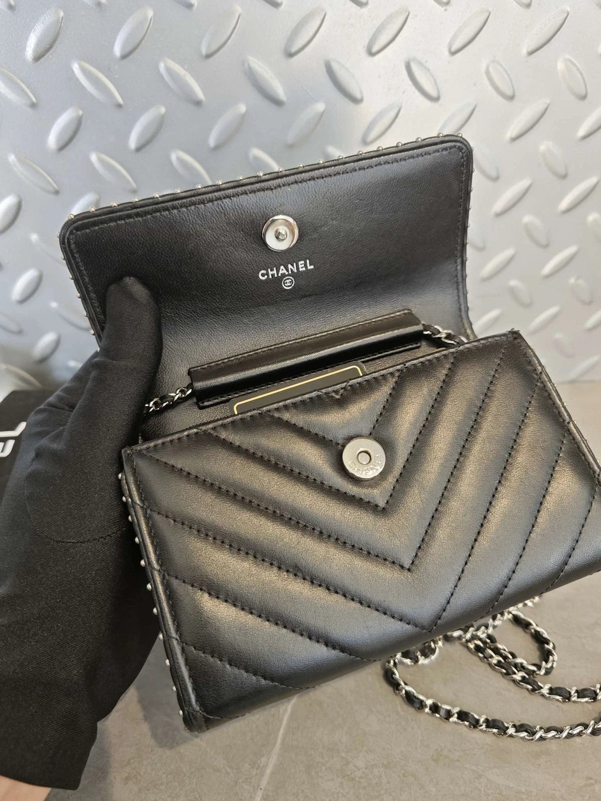 CHANEL Black Silver V Mini WOC Rivet Chain Leather Crossbody Bag Women