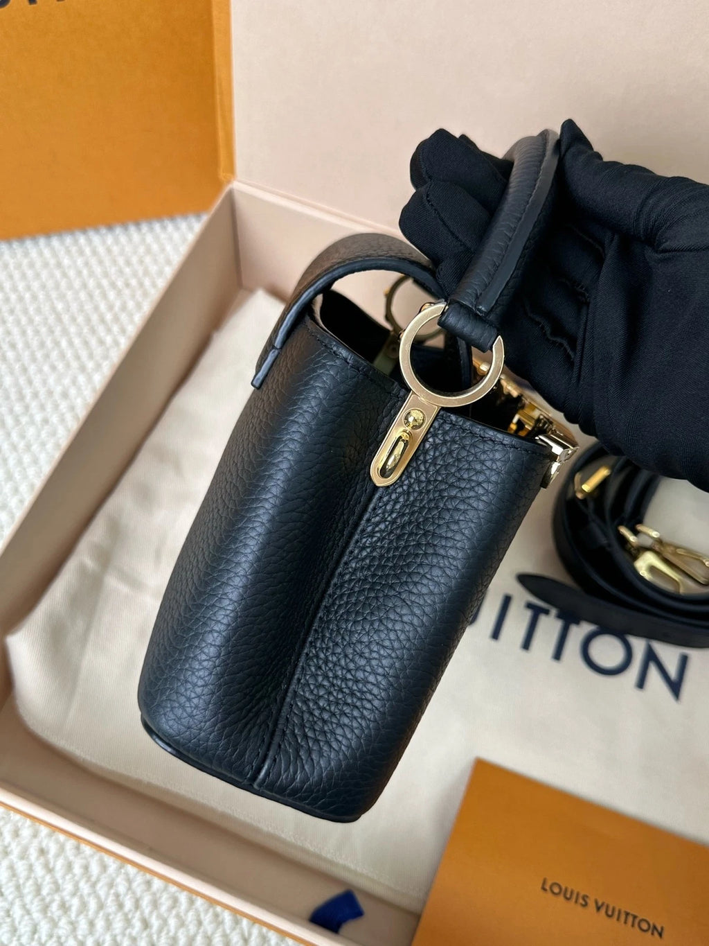 Louis Vuitton Black Gold Capucines Mini Crossbody For Women