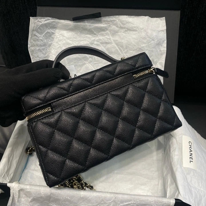 Chanel Vanity Case Chain Calfskin Top Handle Shoulder Bag Black Gold Women D