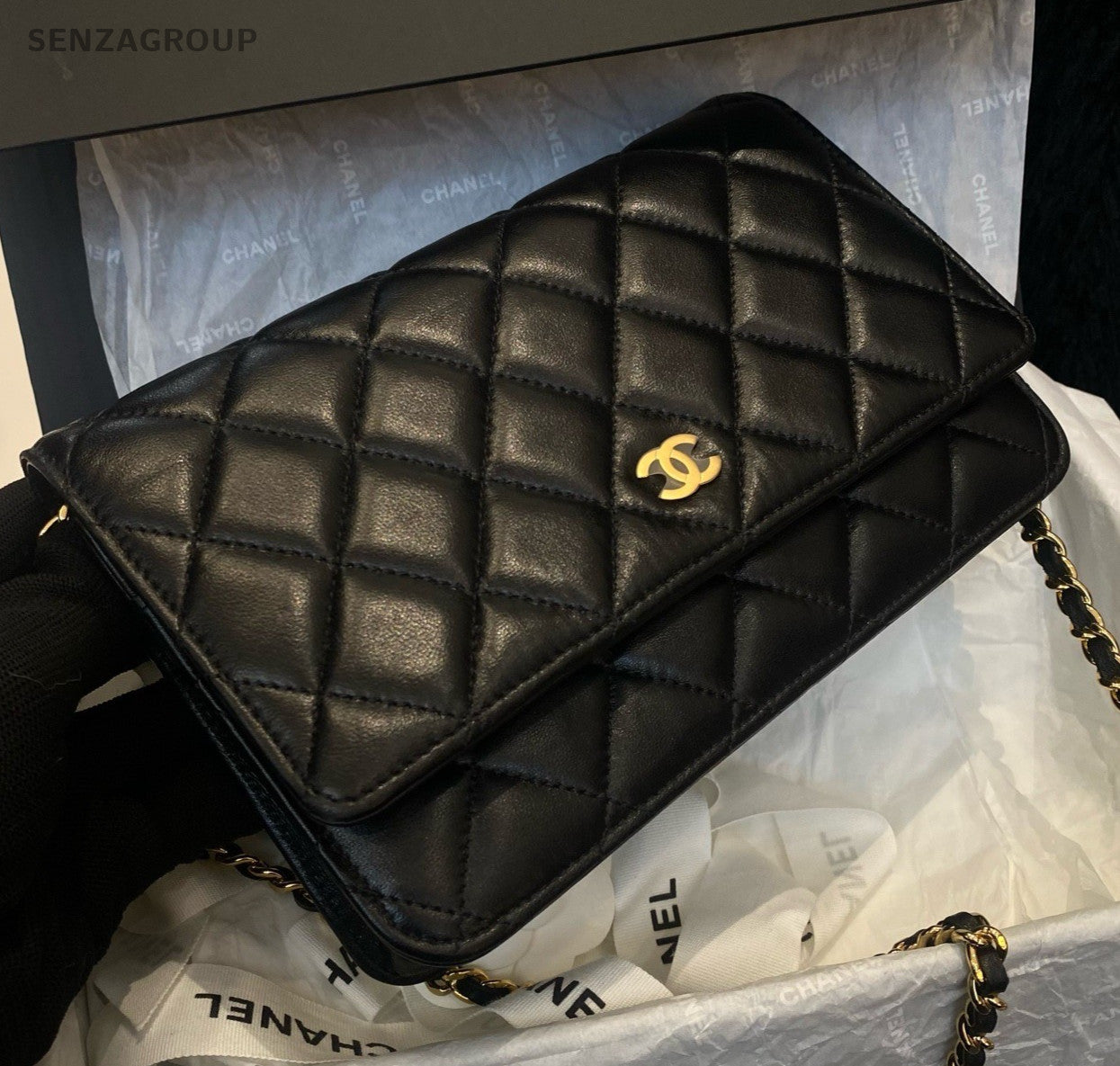 Chanel WOC Chain Diamond Shoulder Bag Crossbody Black Gold Women Classic