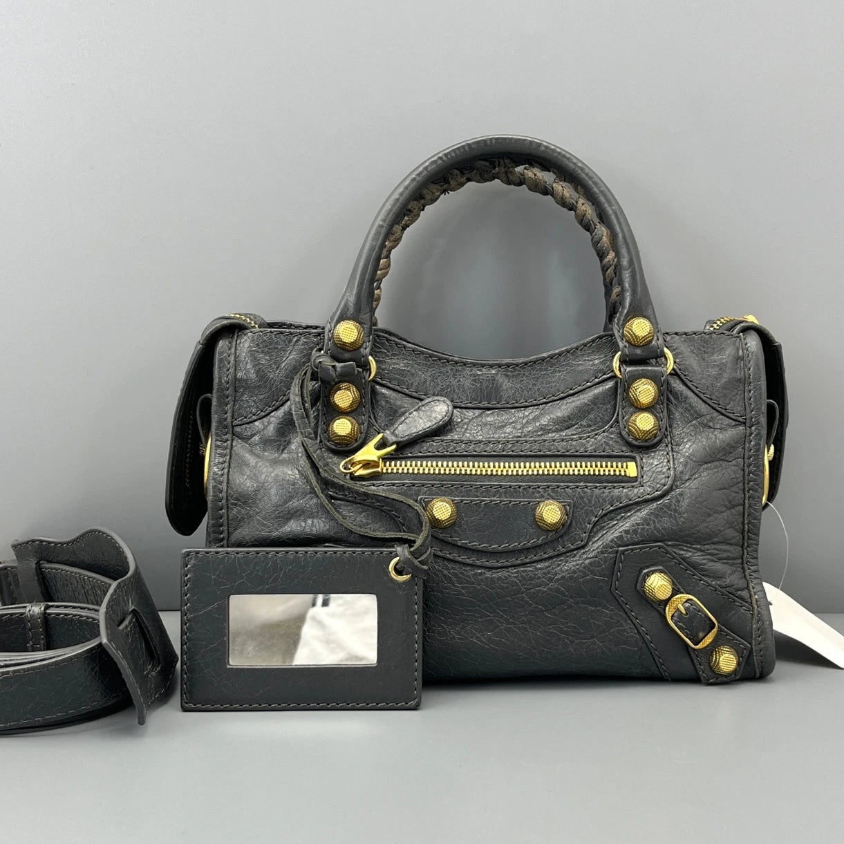 Balenciaga City Bag Mini Tote Top Handle Crossbody Bag Gray Gold Hardware Women
