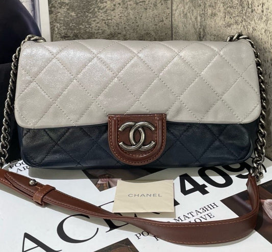 Chanel Classic Flap MM Chain Shoulder Bag Gray Silver Women Diamond Designer