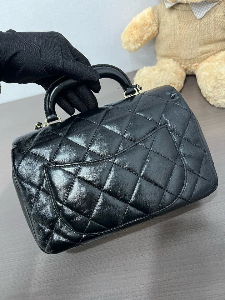 CHANEL Black Gold Leather Top Handle Crossbody Bag For Women