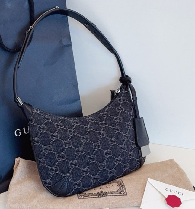 GUCCI Horsebit Slim Denim Black Monogram Shoulder Handbag  Women
