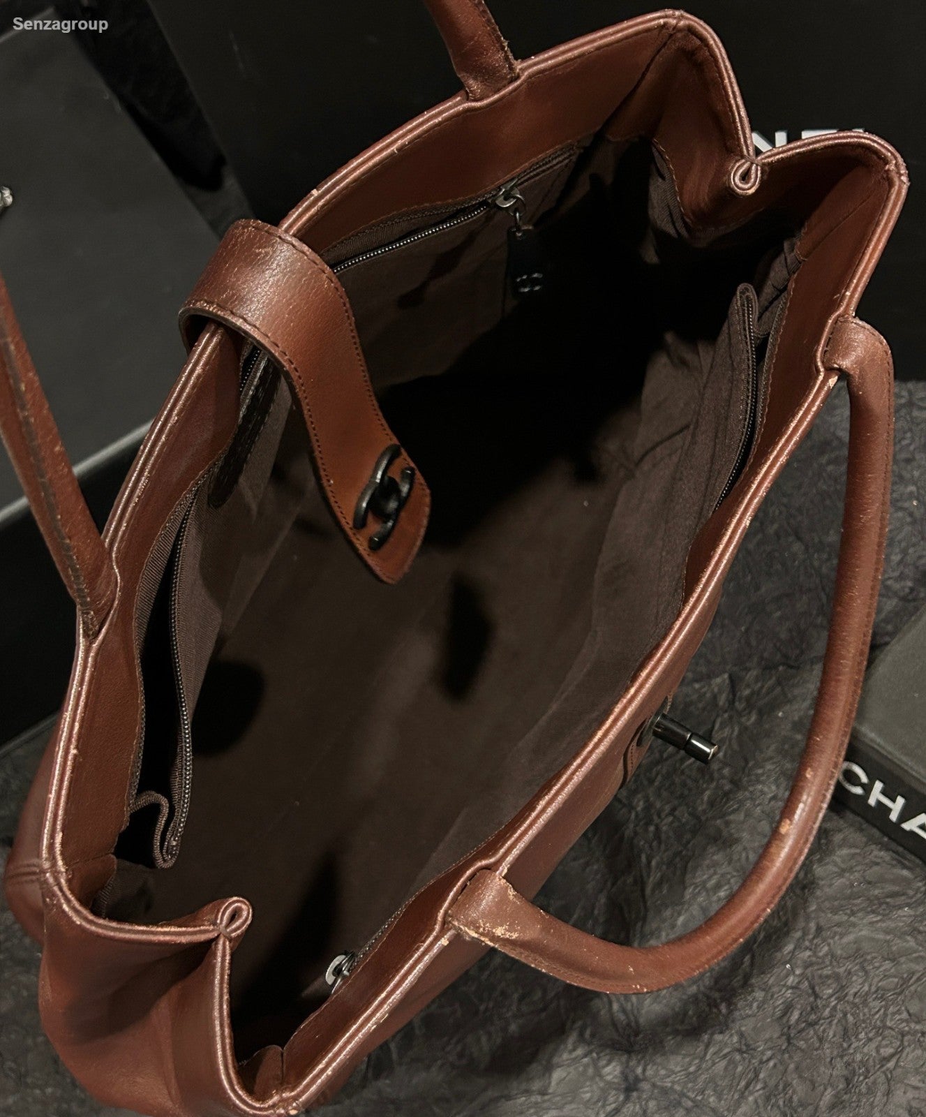 Chanel Tote Vintage Top Handle Bag Brown Black Used Women Classic