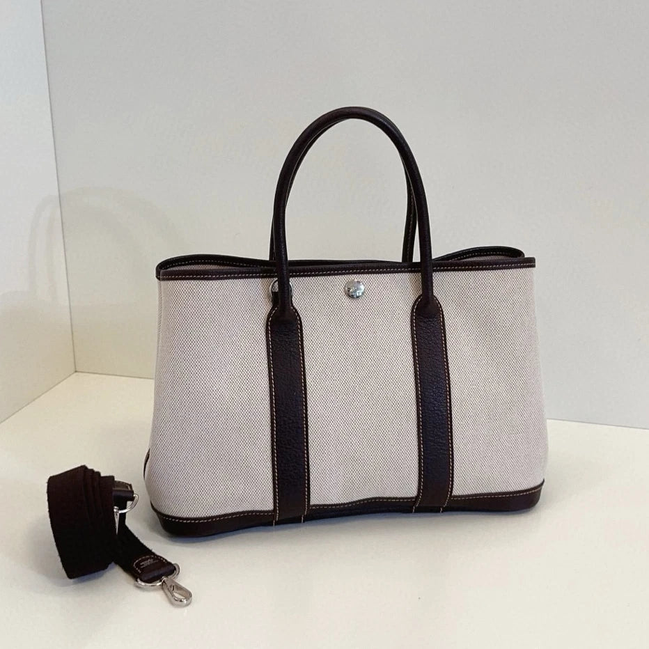 Hermes Garden Party30 Top Handle Shoulder Bag White Brown Silver Women Classic